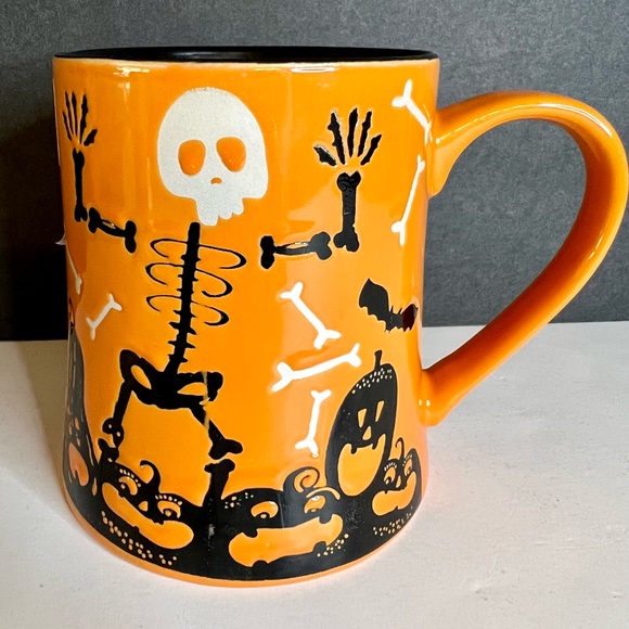 Halloween Ceramic Happy Boo Black White Skeleton Orange Mug Pumpkins Bones - Picture 2 of 6
